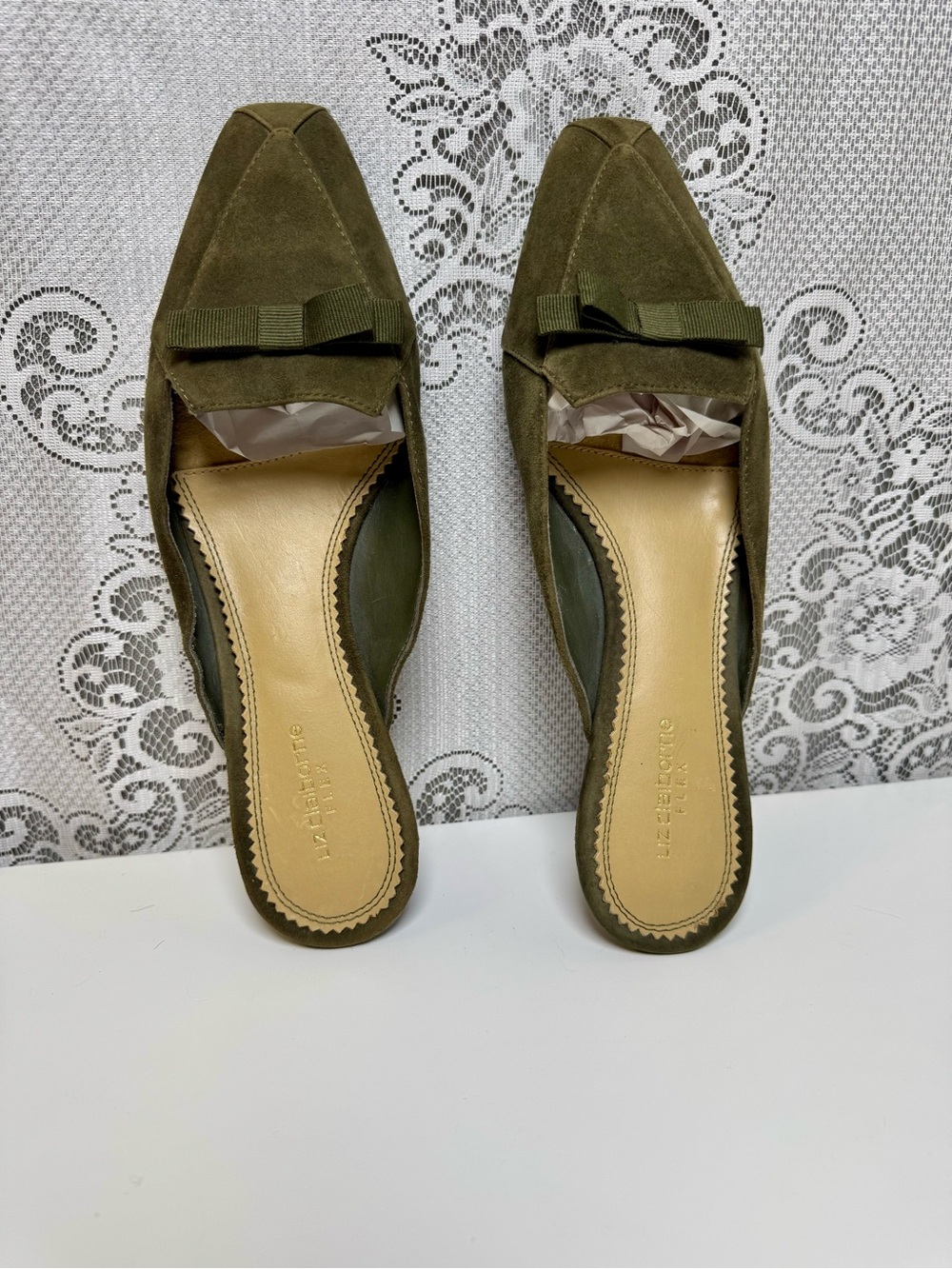 Liz Claiborne Olive Suede Bow Mules